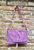 Suede bag in PURPLE. Soft genuine suede leather shoulder / messenger bag. Lilac suede purse. Mauve suede crossbody.Flap + zipper