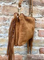 Small camel brown crossbody fringed bag. BOHO suede leather bag with FRINGES. Tobacco brown genuine suede leather. Warm tan suede purse.