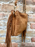 Small camel brown crossbody fringed bag. BOHO suede leather bag with FRINGES. Tobacco brown genuine suede leather. Warm tan suede purse.
