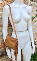 Small camel brown crossbody fringed bag. BOHO suede leather bag with FRINGES. Tobacco brown genuine suede leather. Warm tan suede purse.