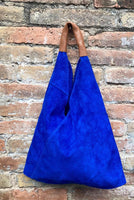 Special listing for S. Slouch leather bag in cobalt blue suede. SMALLER STYLE. Genuine leather shoulder bag. Origami shopper bag