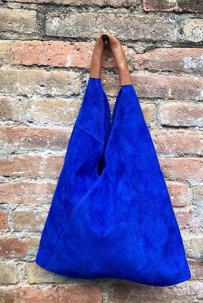 Special listing for S. Slouch leather bag in cobalt blue suede. SMALLER STYLE. Genuine leather shoulder bag. Origami shopper bag