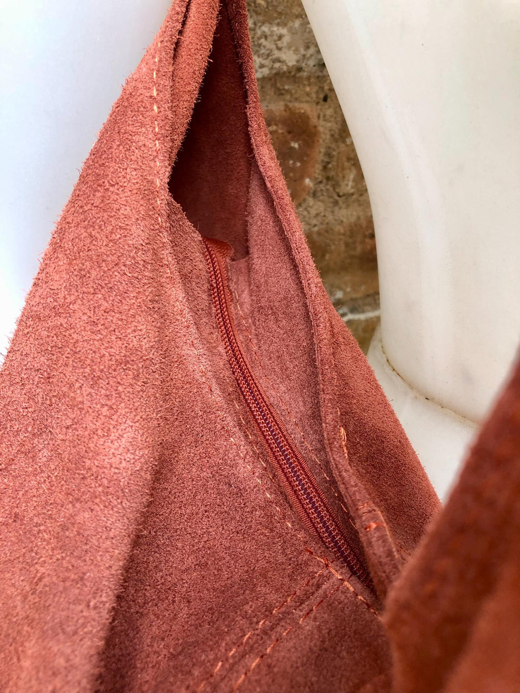 Slouch bag. Tote leather bag in dark ORANGE with ZIPPER.Soft natural suede leather shopper bag. Terracotta carry all bag in genuine leather