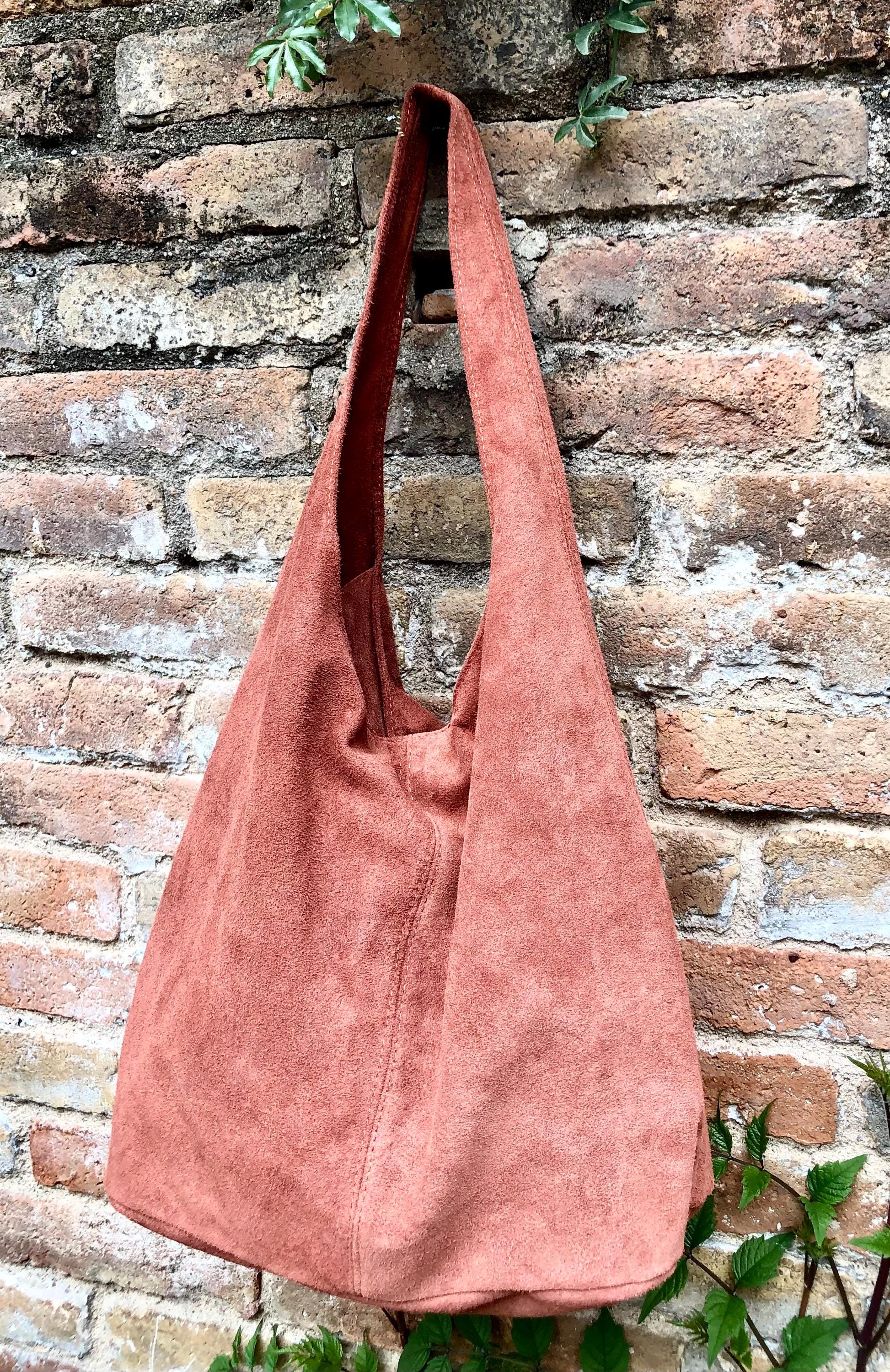 Slouch bag. Tote leather bag in dark ORANGE with ZIPPER.Soft natural suede leather shopper bag. Terracotta carry all bag in genuine leather