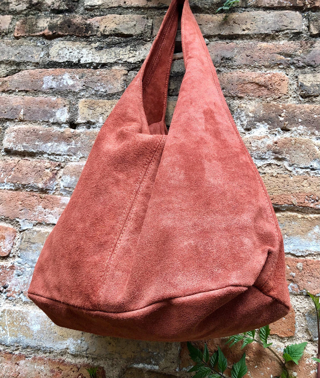 Slouch bag. Tote leather bag in dark ORANGE with ZIPPER.Soft natural suede leather shopper bag. Terracotta carry all bag in genuine leather