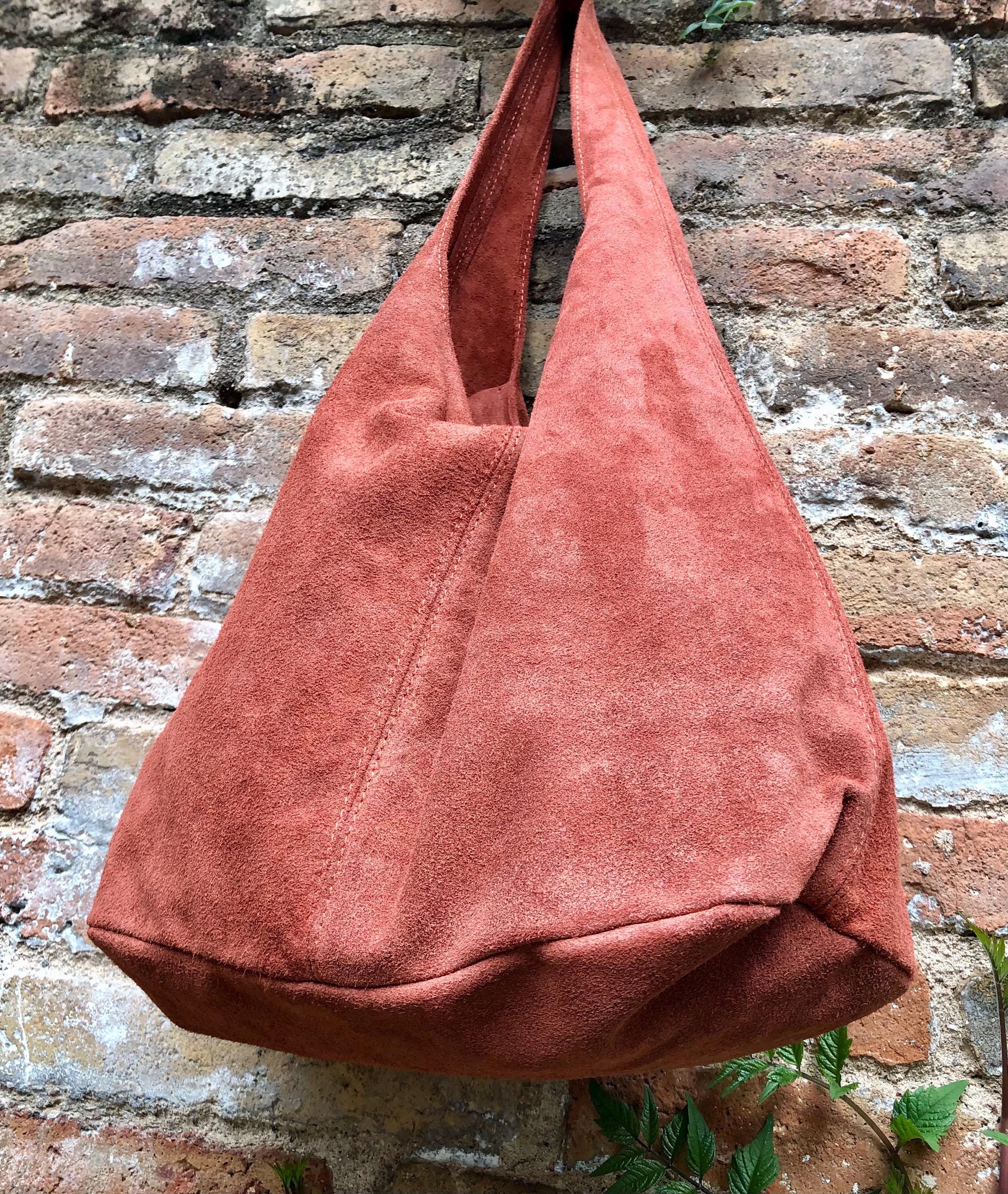 Slouch bag. Tote leather bag in dark ORANGE with ZIPPER.Soft natural suede leather shopper bag. Terracotta carry all bag in genuine leather