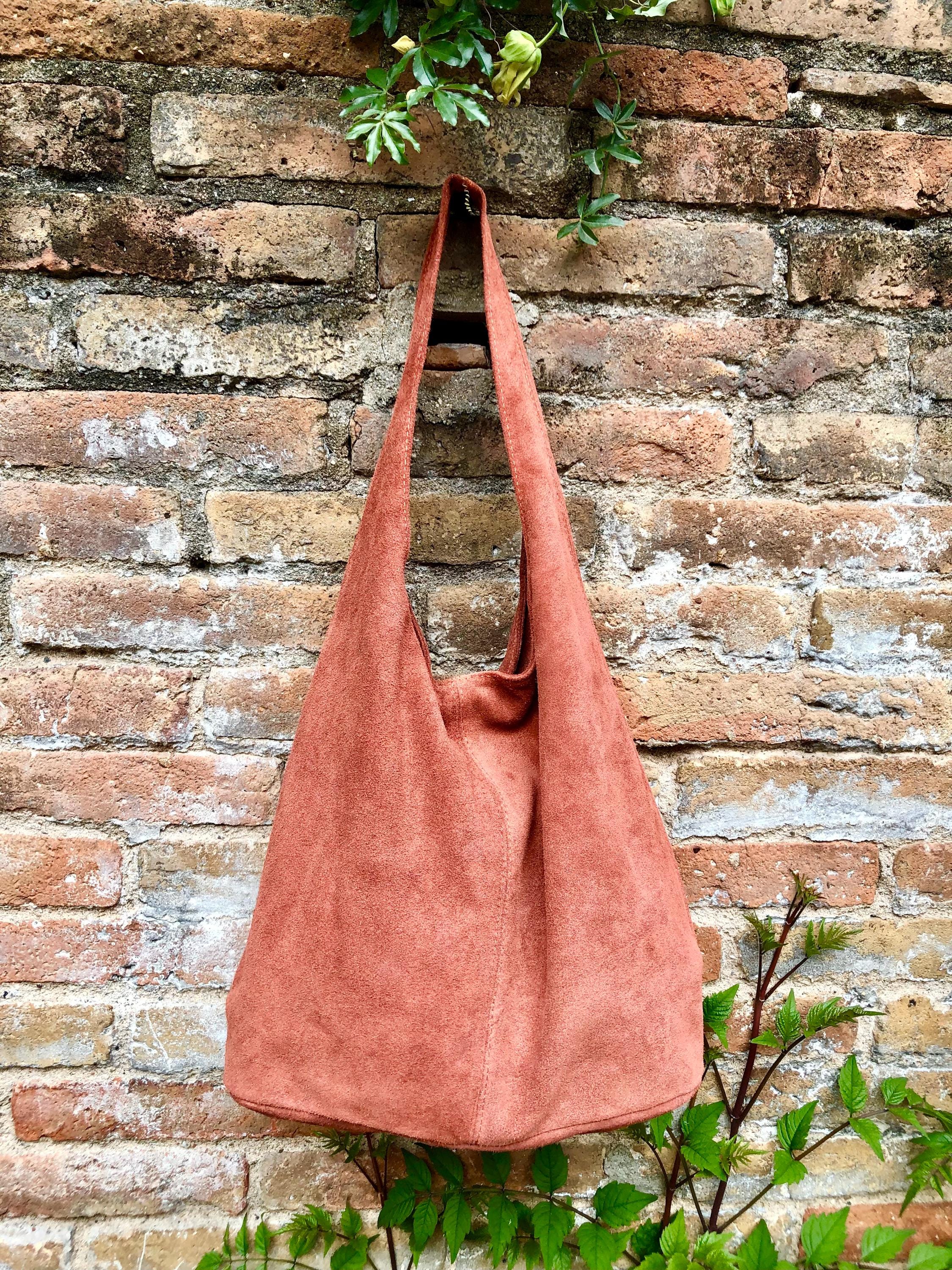 Slouch bag. Tote leather bag in dark ORANGE with ZIPPER.Soft natural suede leather shopper bag. Terracotta carry all bag in genuine leather