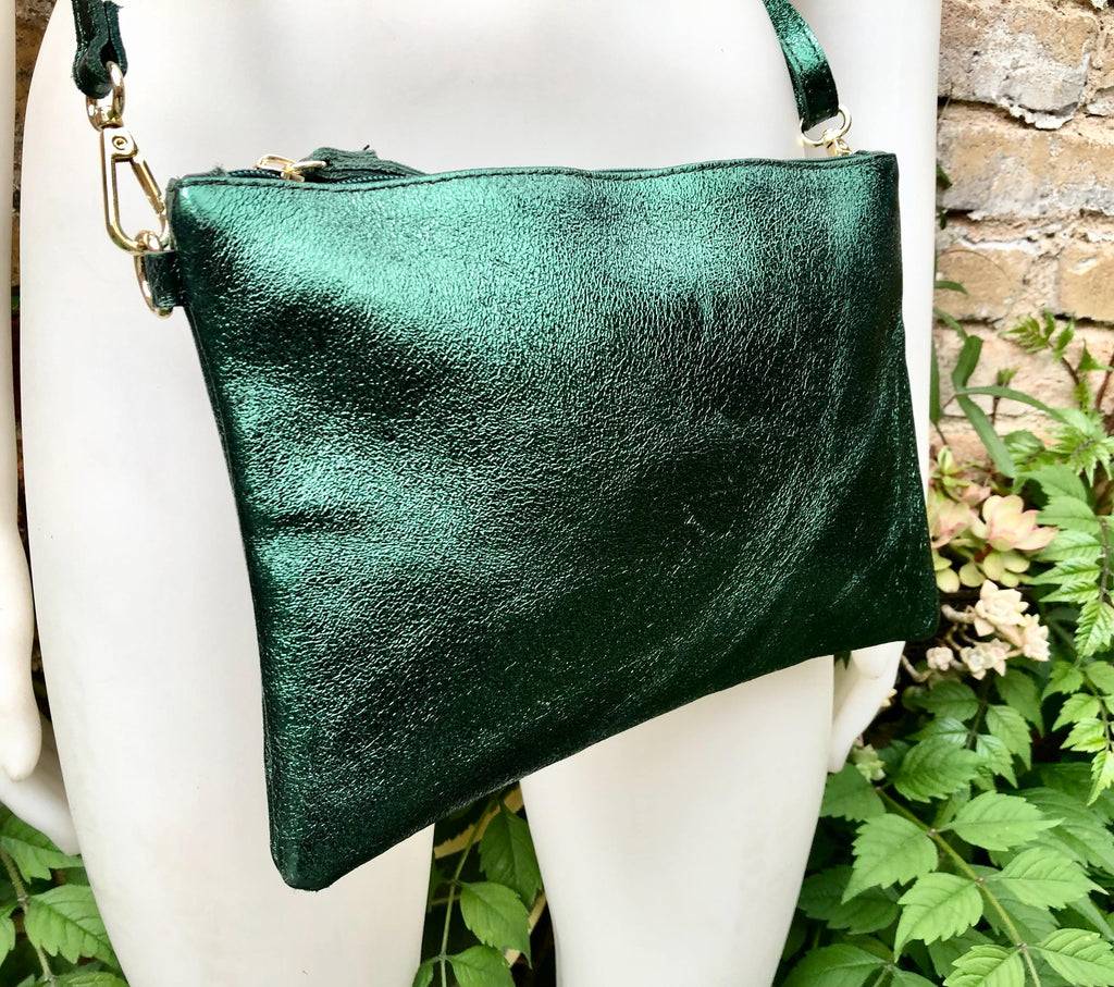 Small leather bag in metallic green .Cross body bag, GENUINE leather shoulder bag or wristlet. Dark green purse with adjustable strap.