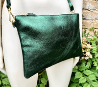 Small leather bag in metallic green .Cross body bag, GENUINE leather shoulder bag or wristlet. Dark green purse with adjustable strap.