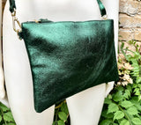 Small leather bag in metallic green .Cross body bag, GENUINE leather shoulder bag or wristlet. Dark green purse with adjustable strap.