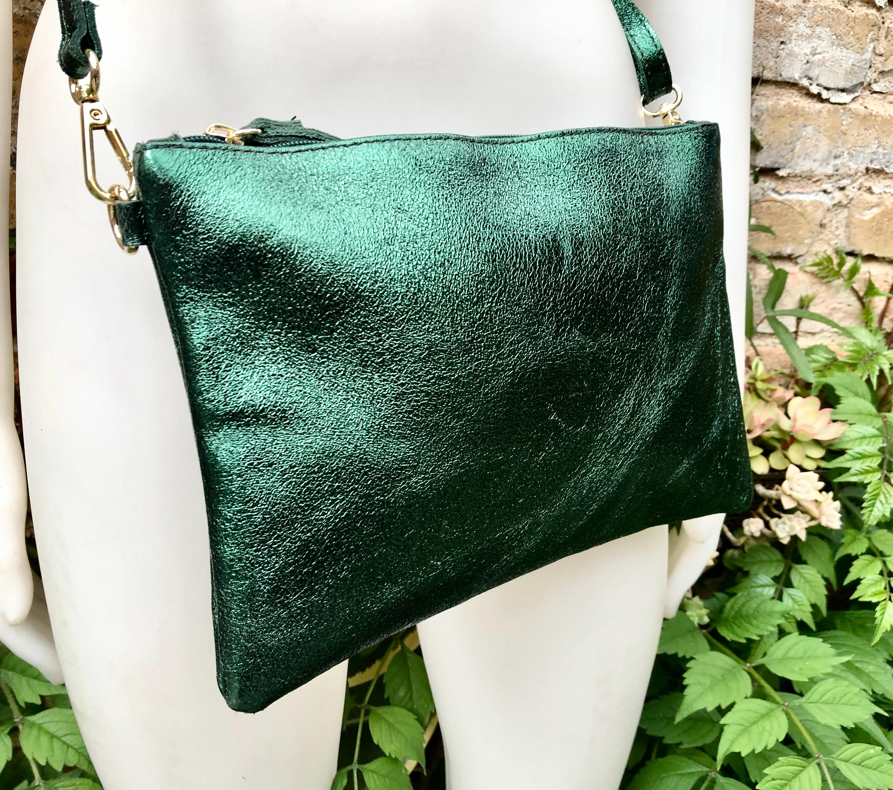 Small leather bag in metallic green .Cross body bag, GENUINE leather shoulder bag or wristlet. Dark green purse with adjustable strap.