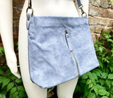 Blue / gray suede leather bag. Boho messenger bag. GENUINE LEATHER Crossbody / shoulder bag. Denim blue suede leather purse with zipper.