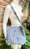 Blue / gray suede leather bag. Boho messenger bag. GENUINE LEATHER Crossbody / shoulder bag. Denim blue suede leather purse with zipper.