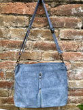 Blue / gray suede leather bag. Boho messenger bag. GENUINE LEATHER Crossbody / shoulder bag. Denim blue suede leather purse with zipper.