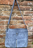 Blue / gray suede leather bag. Boho messenger bag. GENUINE LEATHER Crossbody / shoulder bag. Denim blue suede leather purse with zipper.