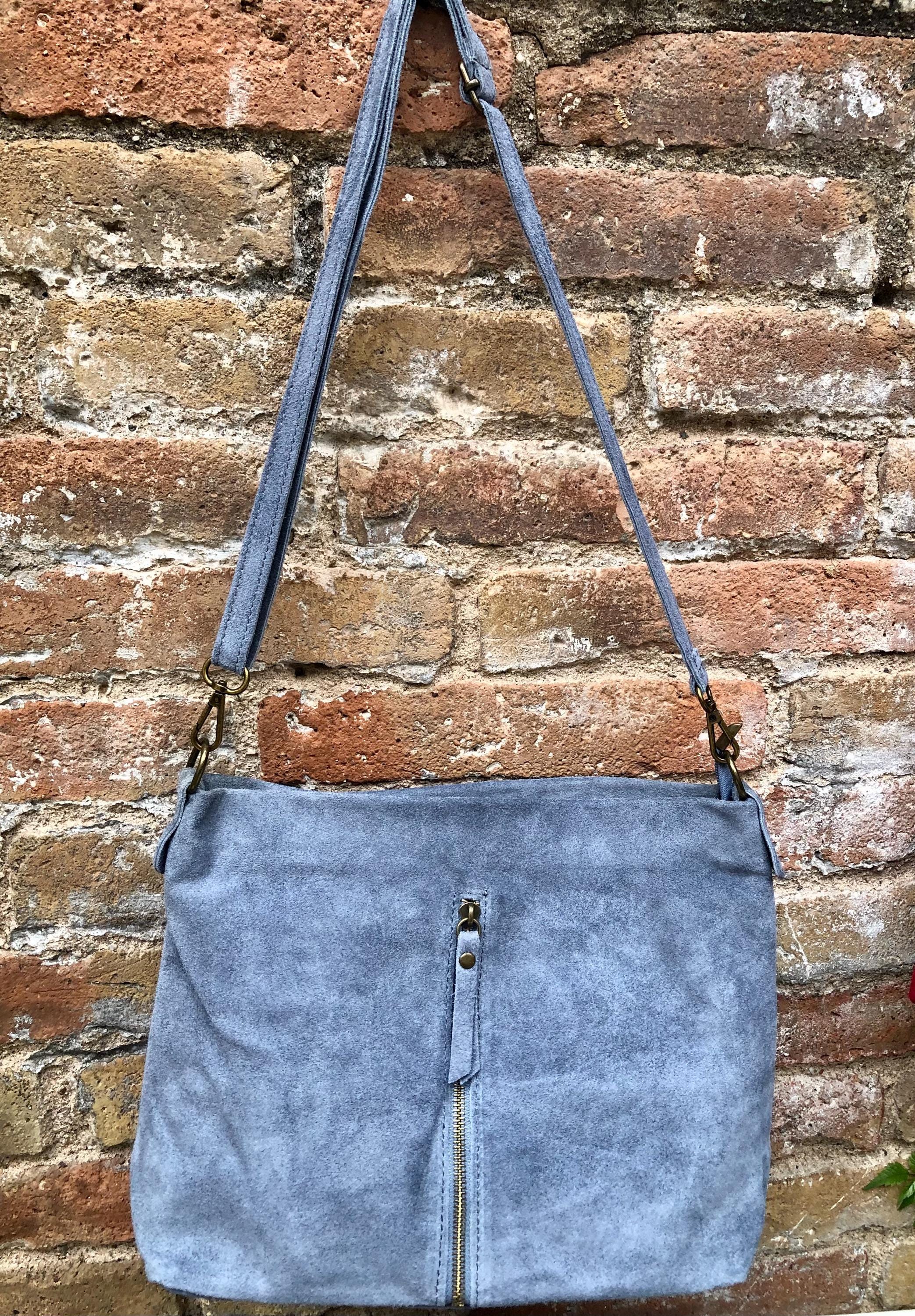 Blue / gray suede leather bag. Boho messenger bag. GENUINE LEATHER Crossbody / shoulder bag. Denim blue suede leather purse with zipper.