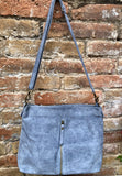Blue / gray suede leather bag. Boho messenger bag. GENUINE LEATHER Crossbody / shoulder bag. Denim blue suede leather purse with zipper.