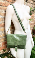 Green crossbody bag. Genuine leather small leather bag. Messenger bag with zipper and flap. Small green leather purse.
