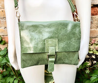 Green crossbody bag. Genuine leather small leather bag. Messenger bag with zipper and flap. Small green leather purse.