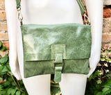 Green crossbody bag. Genuine leather small leather bag. Messenger bag with zipper and flap. Small green leather purse.