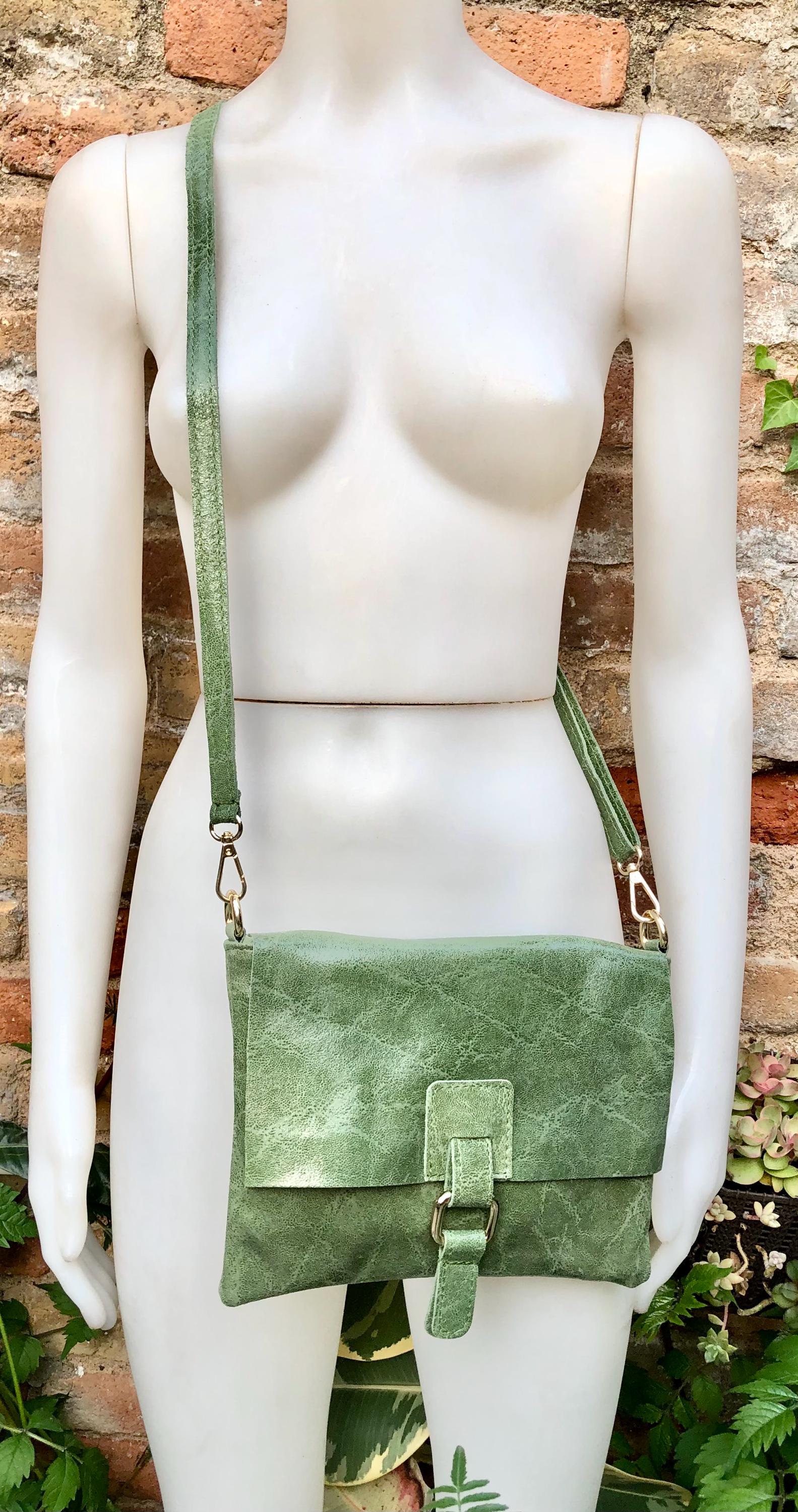 Green crossbody bag. Genuine leather small leather bag. Messenger bag with zipper and flap. Small green leather purse.