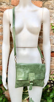 Green crossbody bag. Genuine leather small leather bag. Messenger bag with zipper and flap. Small green leather purse.