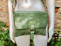 Green crossbody bag. Genuine leather small leather bag. Messenger bag with zipper and flap. Small green leather purse.