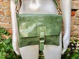 Green crossbody bag. Genuine leather small leather bag. Messenger bag with zipper and flap. Small green leather purse.