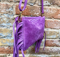 Small purple crossbody fringed bag. BOHO suede leather bag with FRINGES. Lilac genuine suede leather. Mauve suede purse. Warm lavender suede