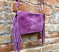 Small purple crossbody fringed bag. BOHO suede leather bag with FRINGES. Lilac genuine suede leather. Mauve suede purse. Warm lavender suede