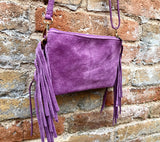 Small purple crossbody fringed bag. BOHO suede leather bag with FRINGES. Lilac genuine suede leather. Mauve suede purse. Warm lavender suede