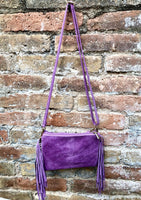 Small purple crossbody fringed bag. BOHO suede leather bag with FRINGES. Lilac genuine suede leather. Mauve suede purse. Warm lavender suede
