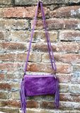 Small purple crossbody fringed bag. BOHO suede leather bag with FRINGES. Lilac genuine suede leather. Mauve suede purse. Warm lavender suede