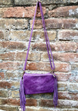 Small purple crossbody fringed bag. BOHO suede leather bag with FRINGES. Lilac genuine suede leather. Mauve suede purse. Warm lavender suede