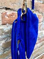 Small royal blue crossbody fringed bag. BOHO suede leather bag with FRINGES. Cobalt genuine suede leather. Royal blue suede purse