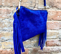 Small royal blue crossbody fringed bag. BOHO suede leather bag with FRINGES. Cobalt genuine suede leather. Royal blue suede purse