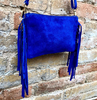 Small royal blue crossbody fringed bag. BOHO suede leather bag with FRINGES. Cobalt genuine suede leather. Royal blue suede purse