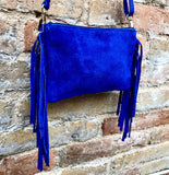 Small royal blue crossbody fringed bag. BOHO suede leather bag with FRINGES. Cobalt genuine suede leather. Royal blue suede purse