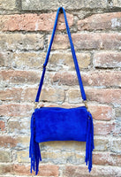 Small royal blue crossbody fringed bag. BOHO suede leather bag with FRINGES. Cobalt genuine suede leather. Royal blue suede purse