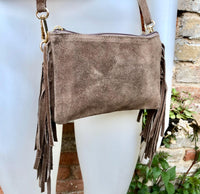 Small taupe brown crossbody fringed bag. BOHO suede leather bag with FRINGES. Greyge brown genuine suede leather. Tan suede purse.
