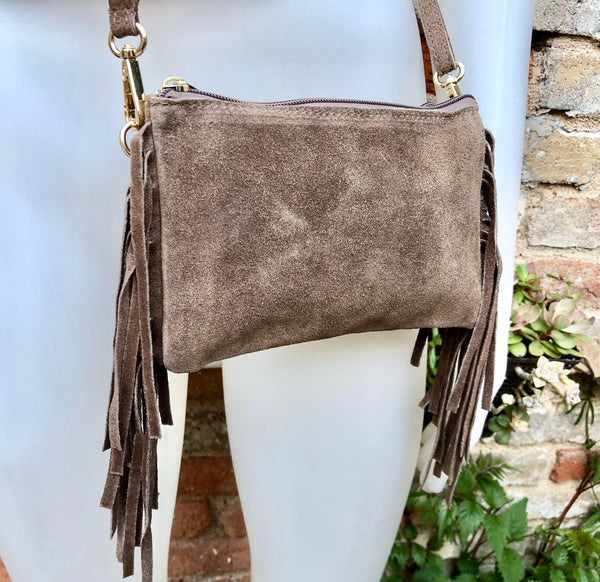 Small taupe brown crossbody fringed bag. BOHO suede leather bag with FRINGES. Greyge brown genuine suede leather. Tan suede purse.