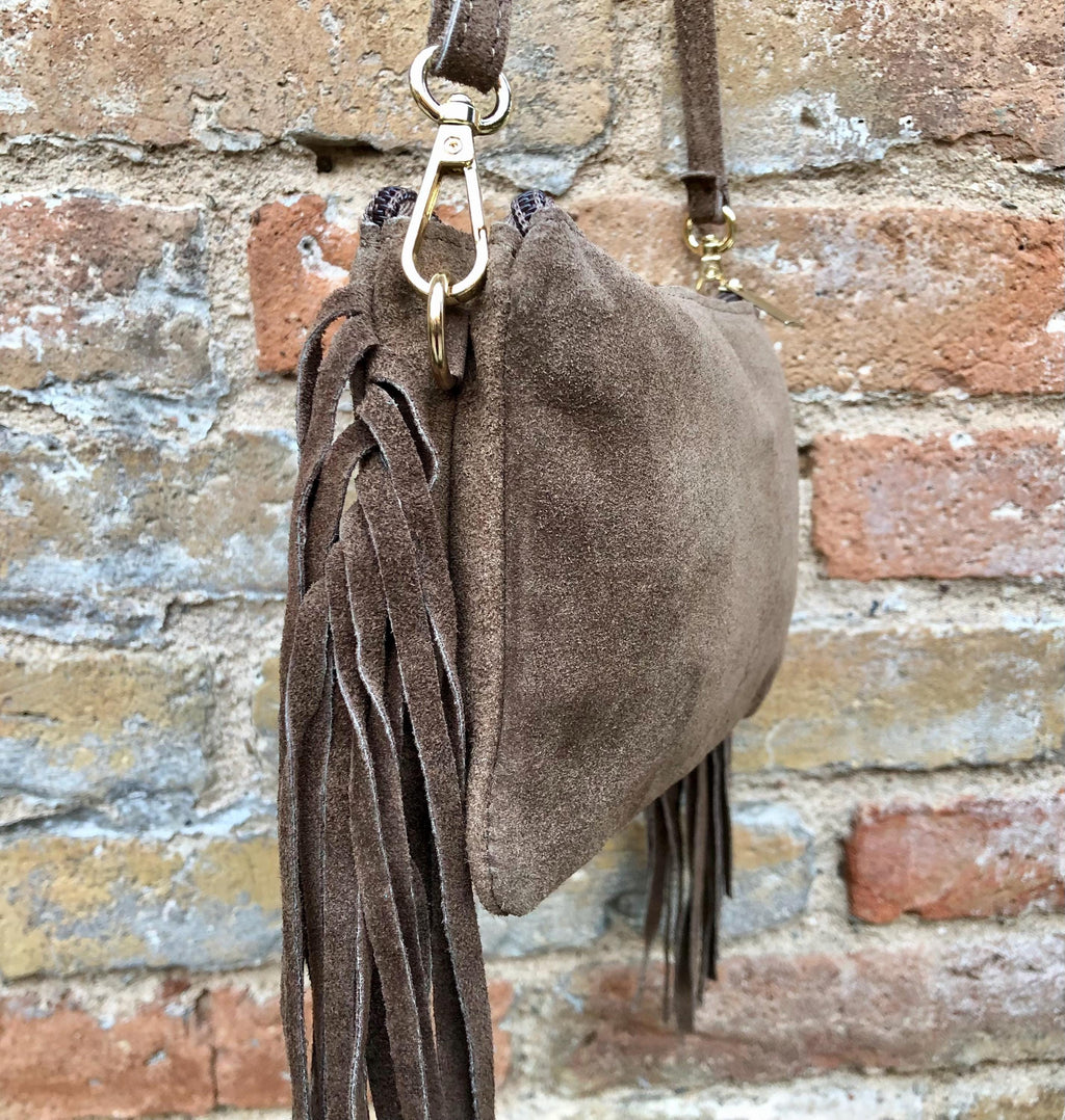 Small taupe brown crossbody fringed bag. BOHO suede leather bag with FRINGES. Greyge brown genuine suede leather. Tan suede purse.