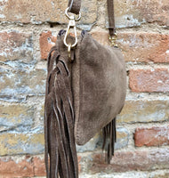 Small taupe brown crossbody fringed bag. BOHO suede leather bag with FRINGES. Greyge brown genuine suede leather. Tan suede purse.