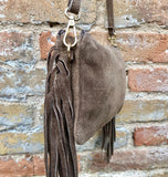Small taupe brown crossbody fringed bag. BOHO suede leather bag with FRINGES. Greyge brown genuine suede leather. Tan suede purse.