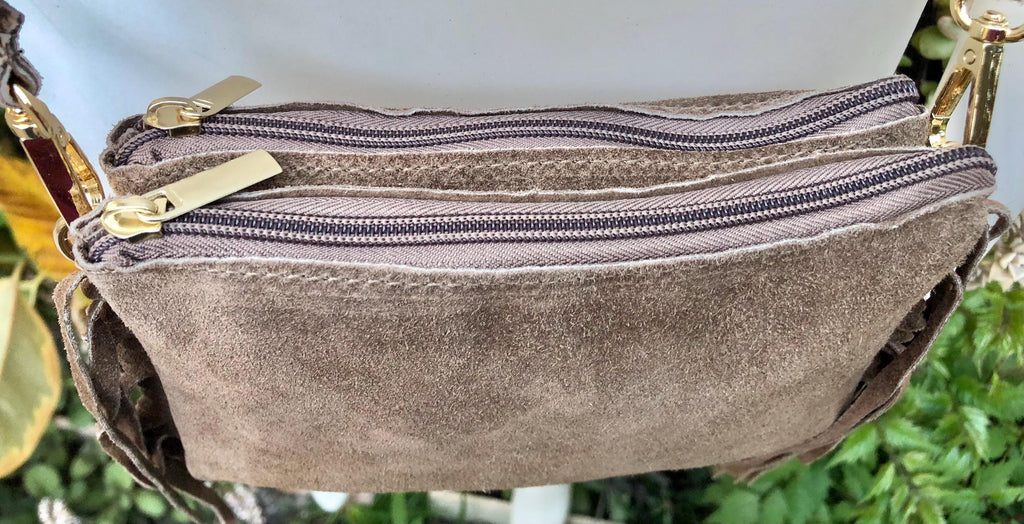 Small taupe brown crossbody fringed bag. BOHO suede leather bag with FRINGES. Greyge brown genuine suede leather. Tan suede purse.