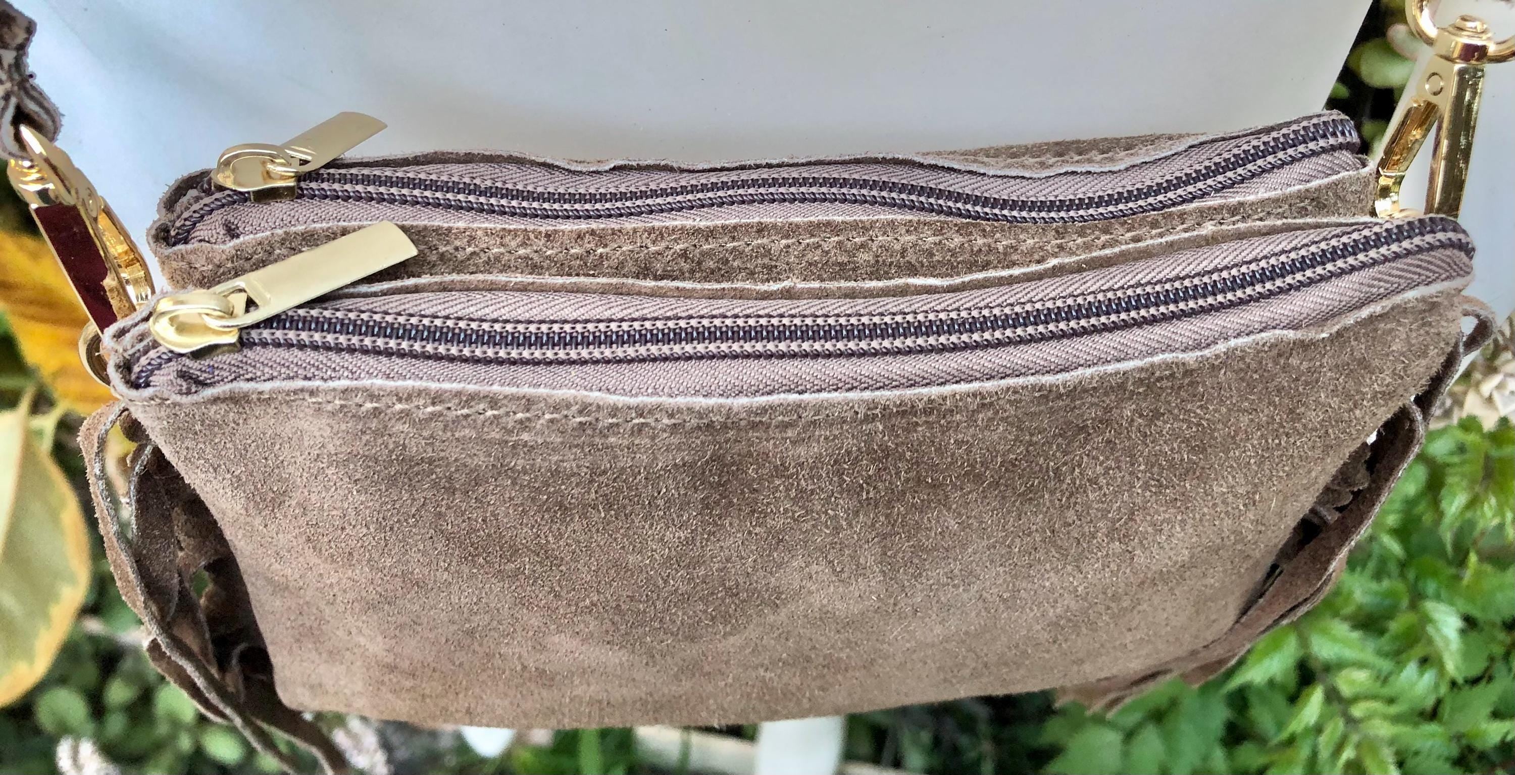Small taupe brown crossbody fringed bag. BOHO suede leather bag with FRINGES. Greyge brown genuine suede leather. Tan suede purse.