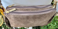 Small taupe brown crossbody fringed bag. BOHO suede leather bag with FRINGES. Greyge brown genuine suede leather. Tan suede purse.