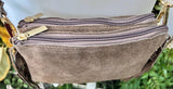 Small taupe brown crossbody fringed bag. BOHO suede leather bag with FRINGES. Greyge brown genuine suede leather. Tan suede purse.