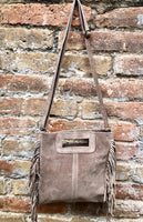 Taupe brown crossbody fringed bag. BOHO suede leather bag with FRINGES. Greyge brown genuine suede leather. Light grey-brown suede purse.