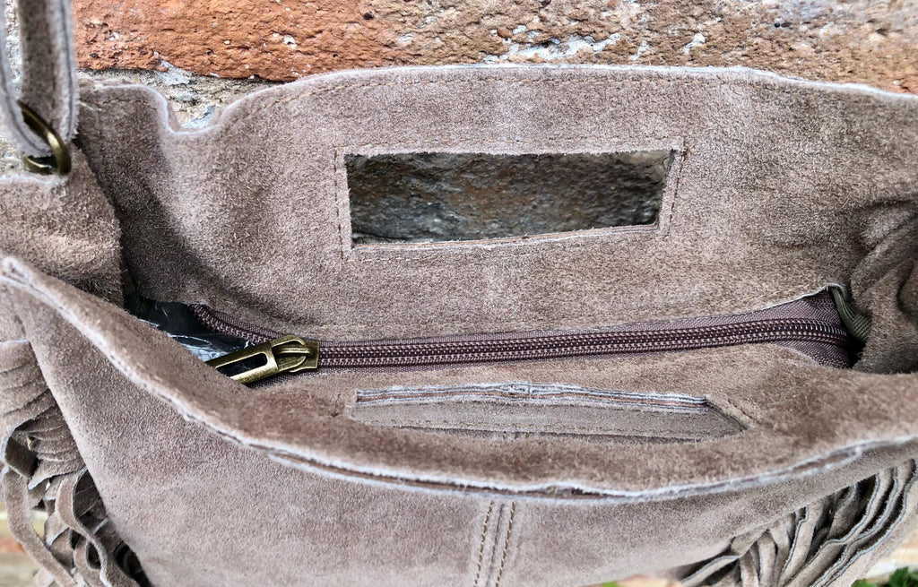 Taupe brown crossbody fringed bag. BOHO suede leather bag with FRINGES. Greyge brown genuine suede leather. Light grey-brown suede purse.